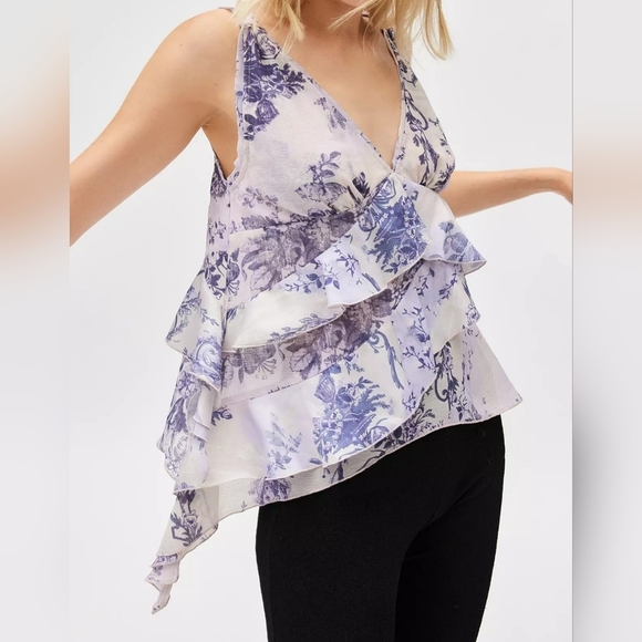 Ecote Debbie Asymmetrical Tiered Ruffle Tunic Tank Top, Blue Floral Motif, XS - Picture 1 of 9